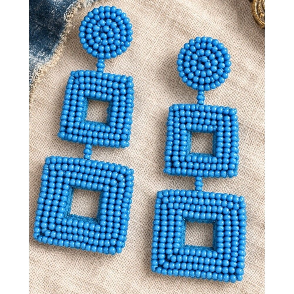 New Vintage 1980s Blue Seed Bead Statement Earrings Geometric Square Boho Dangle